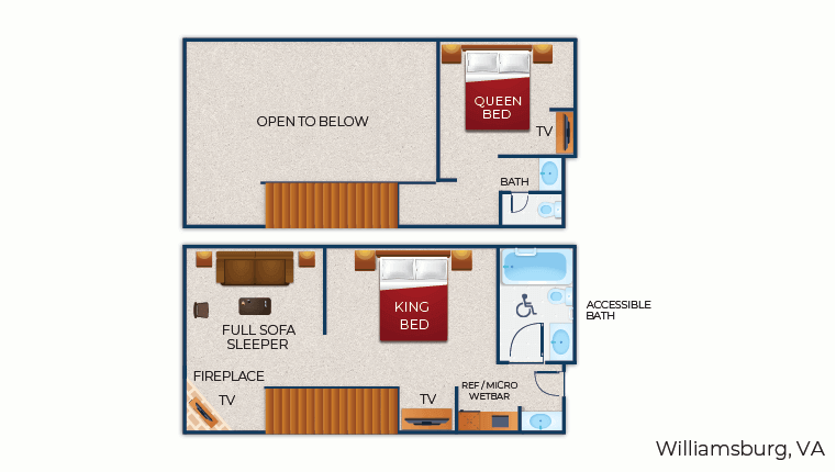 The floor plan for the accessible Loft Fireplace Suite